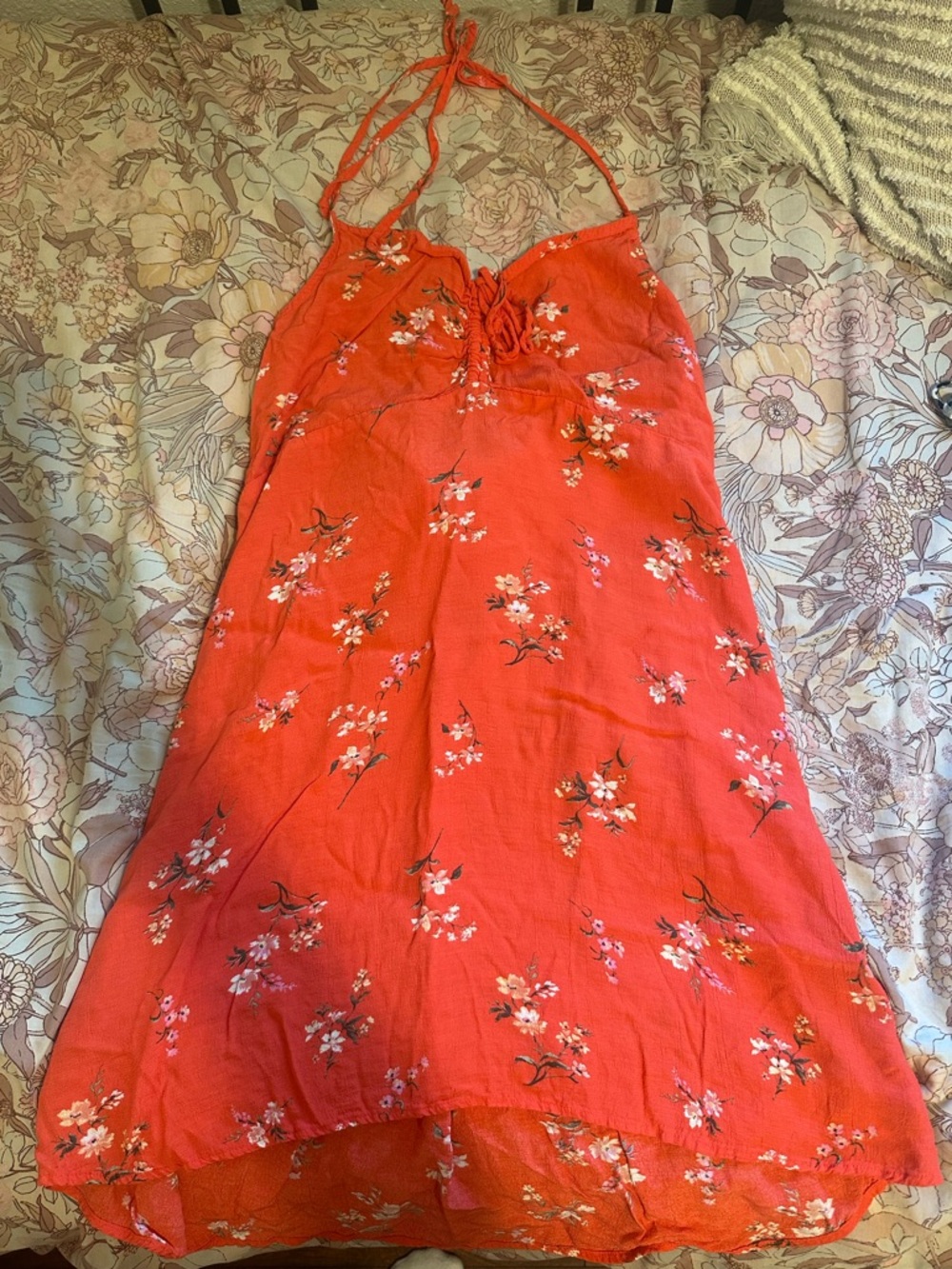 American Eagle Outfitters Coral Floral Halter Mini Dress